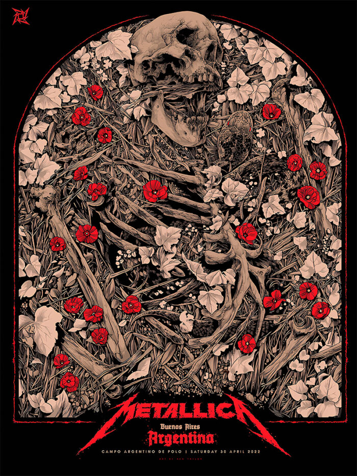 product-image A human skeleton lies among red and white flowers and tangled branches, with bold Concert Poster details for Metallica’s Buenos Aires show in vivid red text at the bottom. Poster prints available in A1 to A4 sizes.