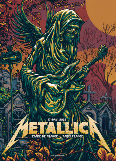 Illustration of a skeletal angel playing guitar in a graveyard at sunset, featuring Metallica and Paris 2023 Concert Poster details for their show at Stade De France on May 17, 2023. Poster prints available in A1 to A4 sizes.
