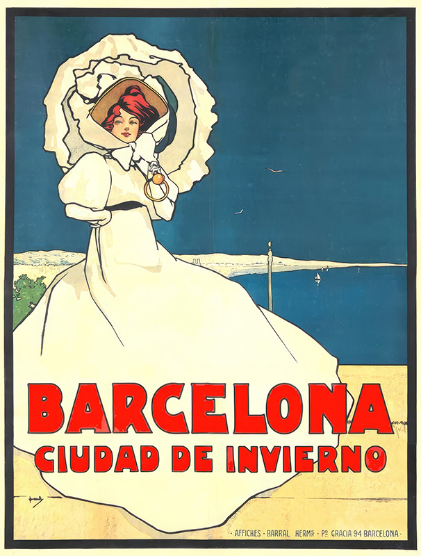 product-image Vintage travel poster featuring a woman in a white dress and hat holding a parasol, with bold red text: “Barcelona Ciudad de Invierno” set against a clear blue sky background. Poster print available in A1 to A4 sizes.