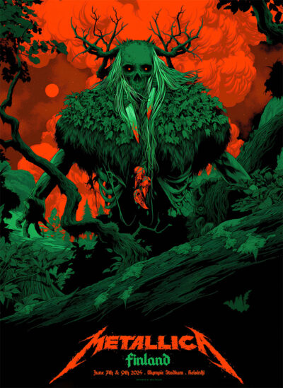 Striking 2024 Concert Poster featuring a green skeletal forest creature with antlers, under a red sky amid trees. Text at the bottom: Metallica Finland, June 7th & 9th 2024, Olympic Stadium Helsinki. Poster prints available in A1 to A4 sizes.