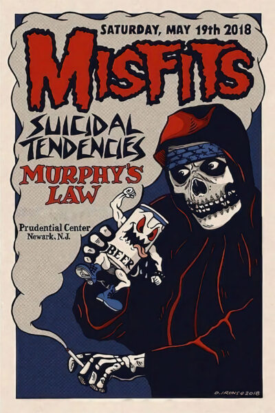 New Jersey concert poster featuring a skeleton in a hood holding a beer, promoting Misfits, Suicidal Tendencies, and Murphys Law at Prudential Centre, Newark, NJ, on May 19, 2018. Poster prints available in A1 to A4 sizes.