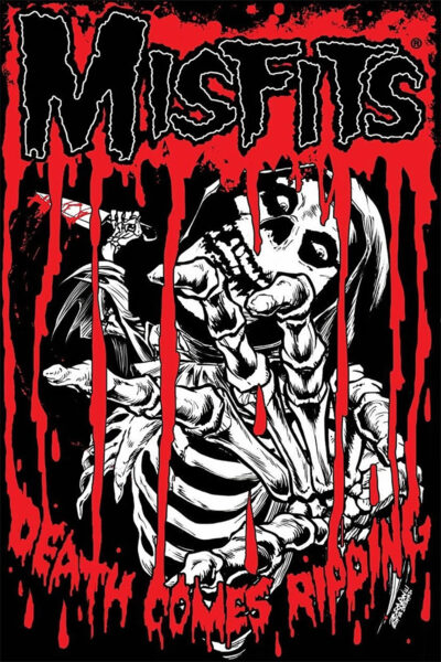 A skeleton reaching forward is surrounded by red dripping effects, capturing the intensity of a Misfits music poster. The words “MISFITS” and “DEATH COMES RIPPING” are boldly displayed at the top and bottom in stylized text. Poster prints available in A1 to A4 sizes.