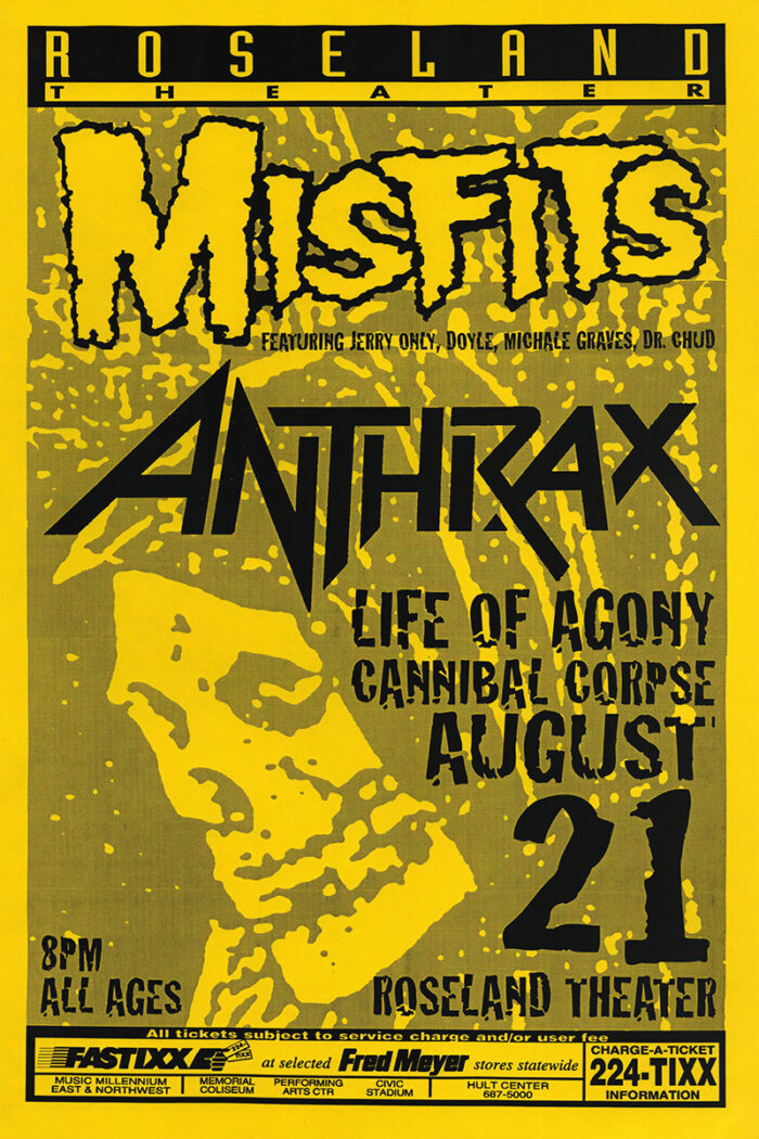 product-image Yellow concert poster for Misfits, Anthrax, Life of Agony, and Cannibal Corpse at Roseland Theatre on August 21 at 8 pm; features event details and bold band logos. Poster prints available in A1 to A4 sizes.