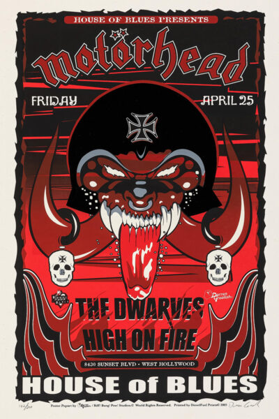 Motorhead Concert Poster for House of Blues, featuring The Dwarves and High on Fire, with stylized art of a snarling creature in a helmet. Poster prints available in A1 to A4 sizes.
