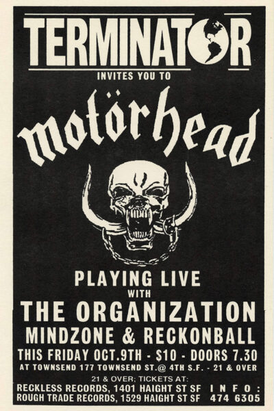 Black and white Concert Poster for Motörhead Live, featuring The Organization, Mindzone, and Reckonball as supporting acts. Event details and ticket information appear at the bottom. Poster prints available in A1 to A4 sizes.