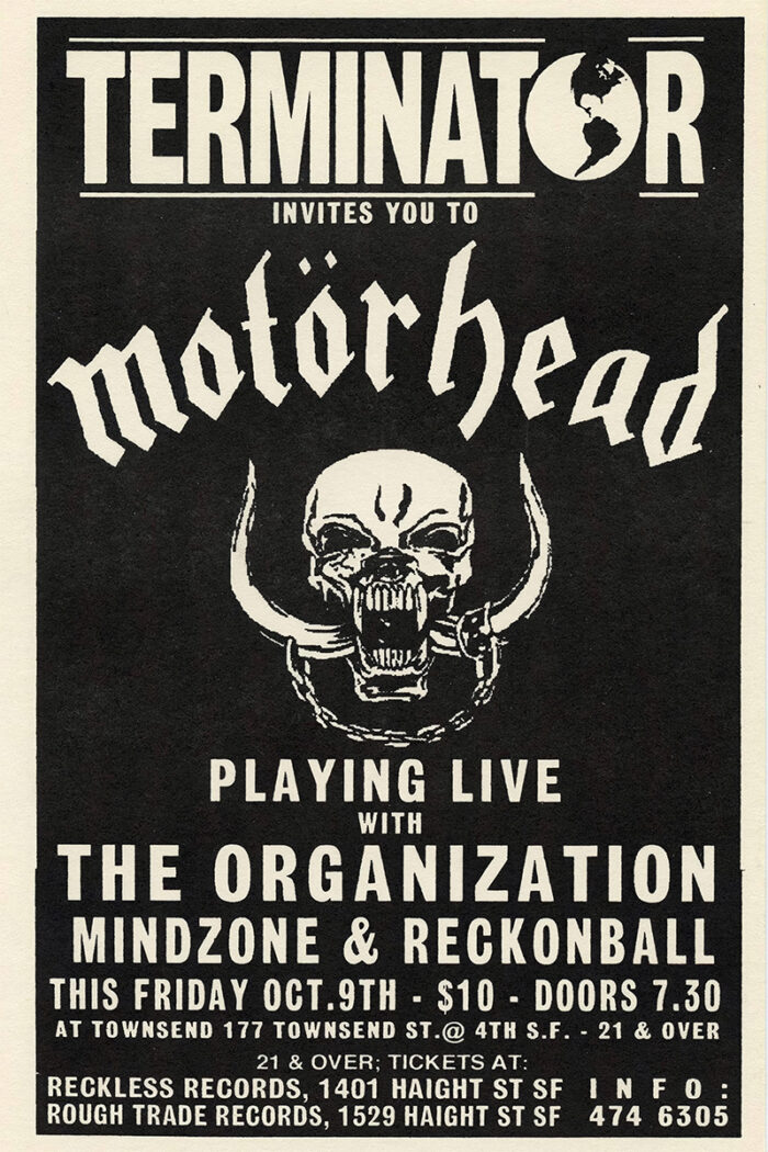 product-image Black and white Concert Poster for Motörhead Live, featuring The Organization, Mindzone, and Reckonball as supporting acts. Event details and ticket information appear at the bottom. Poster prints available in A1 to A4 sizes.