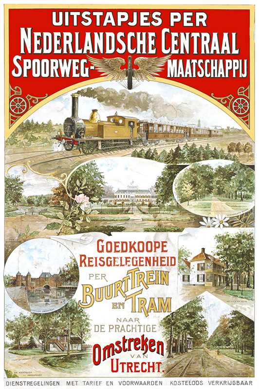 product-image Vintage Dutch travel poster advertising affordable train and tram uitstapjes around Utrecht, featuring illustrations of trains, landscapes, and buildings. Text is in Dutch. Poster print available in A1 to A4 sizes.