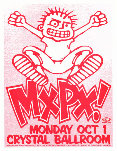Concert Poster featuring a cartoon figure with spiky hair jumping above bold MxPx text! Monday Oct at Crystal Ballroom, with event details below in red and pink. Poster prints available in A1 to A4 sizes.