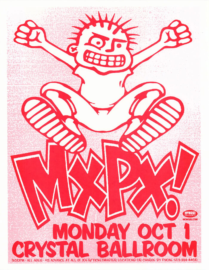 product-image Concert Poster featuring a cartoon figure with spiky hair jumping above bold MxPx text! Monday Oct at Crystal Ballroom, with event details below in red and pink. Poster prints available in A1 to A4 sizes.