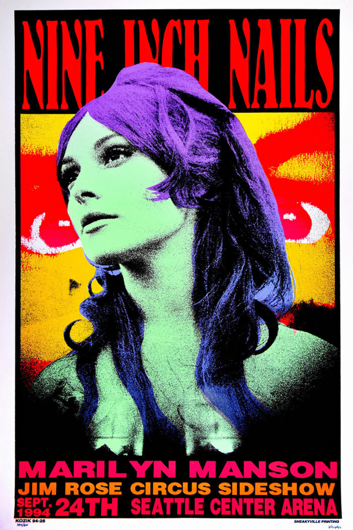 product-image Psychedelic Seattle 1994 Concert Poster for Nine Inch Nails, with a stylized woman’s portrait and show details for their September 24 performance with Marilyn Manson at Seattle Centre Arena. Poster prints available in A1 to A4 sizes.
