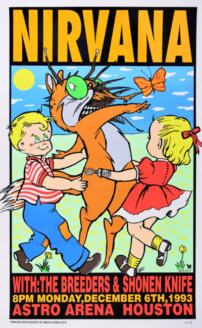Colourful Concert Poster for Nirvana’s show with The Breeders and Shonen Knife at Astro Arena Houston on December 6, 1993, featuring cartoon children and a playful coyote character. Poster prints available in A1 to A4 sizes.
