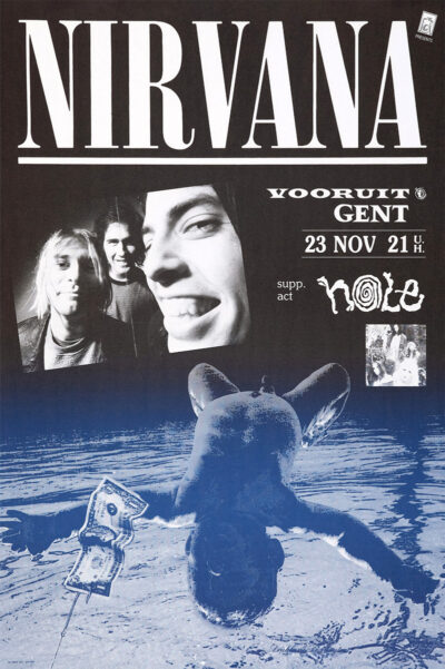 Black and white Nirvana concert poster featuring the band, event details for a November 23 show at Vooruit Gent, and an underwater baby holding a dollar bill. Poster prints available in A1 to A4 sizes.
