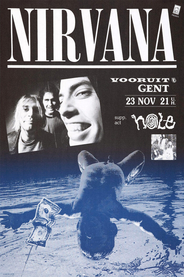 product-image Black and white Nirvana concert poster featuring the band, event details for a November 23 show at Vooruit Gent, and an underwater baby holding a dollar bill. Poster prints available in A1 to A4 sizes.