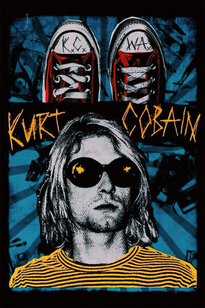 A stylized poster featuring a portrait of Kurt Cobain with long hair and sunglasses, a yellow striped shirt, two sneakers above, and his name in bold yellow text—a tribute to the WA Music icon. Poster prints available in A1 to A4 sizes.
