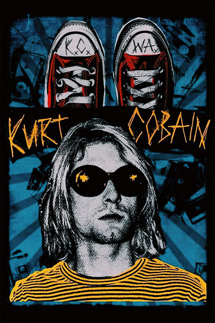 product-image A stylized poster featuring a portrait of Kurt Cobain with long hair and sunglasses, a yellow striped shirt, two sneakers above, and his name in bold yellow text—a tribute to the WA Music icon. Poster prints available in A1 to A4 sizes.