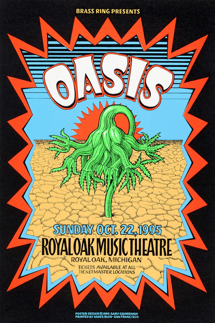 product-image Concert Poster for Oasis at Royal Oak Music Theatre, Royal Oak Michigan, October 22, 1995. Features a green plant thriving in a cracked desert beneath a stylized sun. Poster prints available in A1 to A4 sizes.