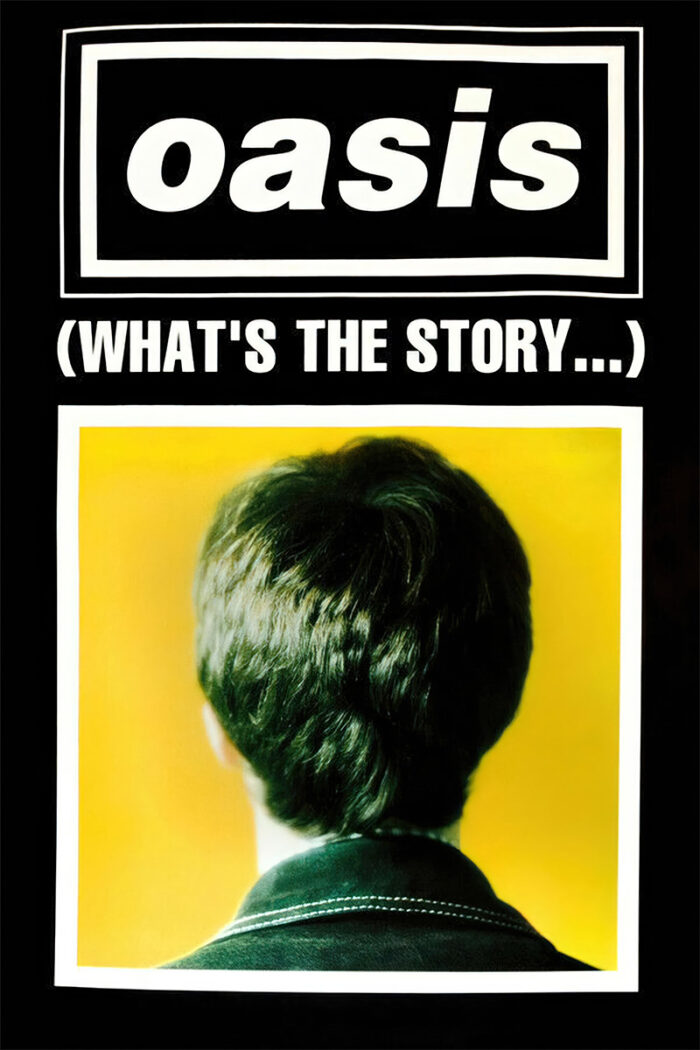 product-image Oasis album cover featuring bold oasis text and WHATS THE STORY... above a photo of a person’s head and shoulders facing away, set against a yellow background—perfect for any music poster collection. Poster prints available in A1 to A4 sizes.