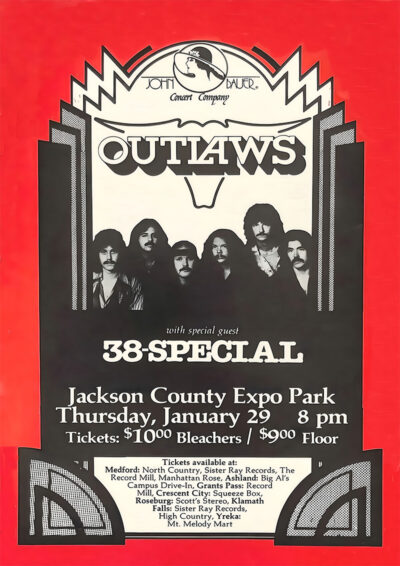 Concert poster for Outlaws and special guest 38 Special at Jackson County Expo Park on January 29, 8 pm. Ticket prices listed. Features a black and white band photo. Poster prints available in A1 to A4 sizes.