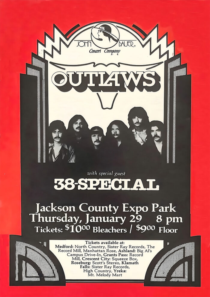 product-image Concert poster for Outlaws and special guest 38 Special at Jackson County Expo Park on January 29, 8 pm. Ticket prices listed. Features a black and white band photo. Poster prints available in A1 to A4 sizes.