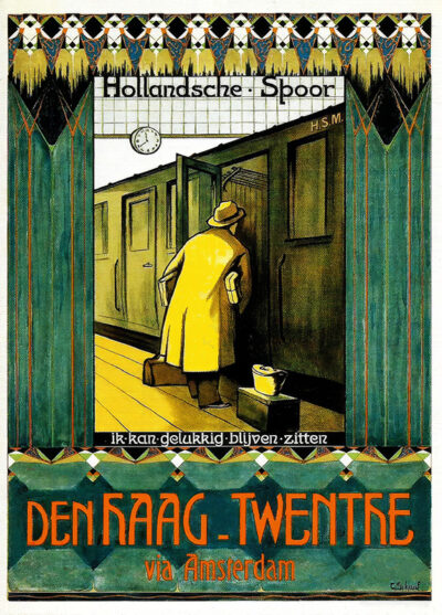 A person in a yellow coat and hat boards a train at Den Haag Hollansche Spoor station, holding a suitcase. A clock and Dutch text are visible above the platform. Art Deco style travel poster. Poster print available in A1 to A4 sizes.