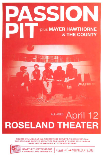 Red poster for a Passion Pit concert at Roseland Theatre featuring a photo of the band seated on a couch, with Mayer Hawthorne & The County joining them on April 12. Poster prints available in A1 to A4 sizes.