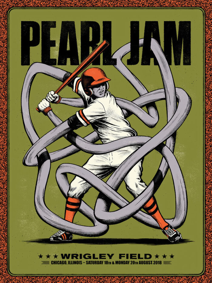 product-image Illustration of a baseball player with a bat, tangled in large grey loops, featuring Pearl Jam at the top and Wrigley Field event details below—an eye-catching Concert Poster design. Poster prints available in A1 to A4 sizes.