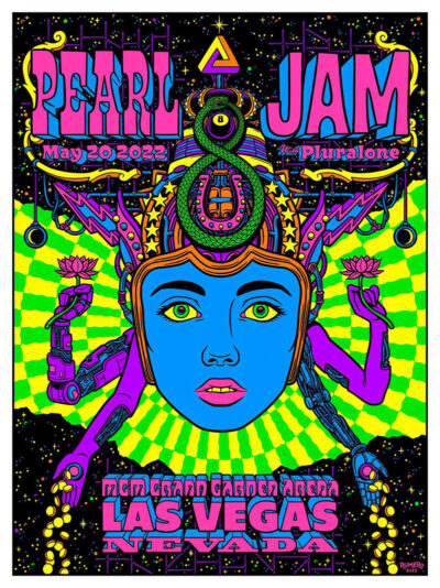Psychedelic Las Vegas concert poster for Pearl Jam with Pluralone, May 20, 2022, at MGM Grand Garden Arena, featuring a multi-armed, blue-faced figure awash in vibrant neon colours. Poster prints available in A1 to A4 sizes.