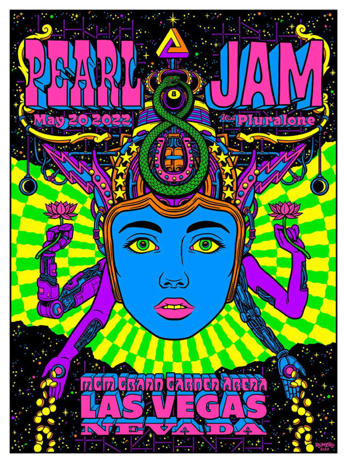 Psychedelic Las Vegas concert poster for Pearl Jam with Pluralone, May 20, 2022, at MGM Grand Garden Arena, featuring a multi-armed, blue-faced figure awash in vibrant neon colours. Poster prints available in A1 to A4 sizes.