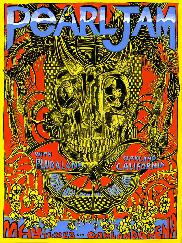 product-image Vibrant concert poster for Pearl Jam with Pluralone, featuring a striking yellow and black skull design. Event date: May 12, 2022, at Oakland Arena, Oakland California. Poster prints available in A1 to A4 sizes.