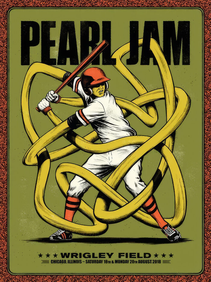 product-image Illustration of a baseball player at bat entangled in large yellow noodles, with PEARL JAM in large text above and Wrigley Field 2018 Concert Poster details below. Poster prints available in A1 to A4 sizes.