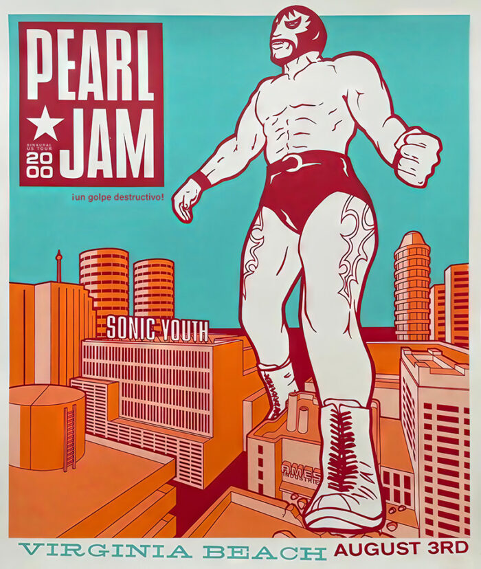 product-image Virginia Beach Concert Poster featuring a masked wrestler towering over city buildings, promoting the epic Pearl Jam and Sonic Youth show on August 3, 2000. Poster prints available in A1 to A4 sizes.