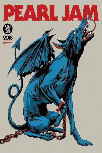 Concert Poster featuring PEARL JAM in bold red at the top, a striking blue, winged demonic dog on a chain, and Belgium 2018 show details displayed on the left side. Poster prints available in A1 to A4 sizes.