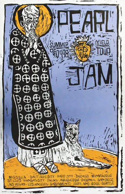 A stylized Concert Poster for Pearl Jam’s Summer Yield 1998 Tour shows a robed figure with a halo, a cat, and tour cities at the bottom. Text reads Pearl Jam Summer of 1998 Yield Tour. Poster prints available in A1 to A4 sizes.