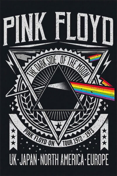 Concert poster featuring Pink Floyd’s iconic The Dark Side Of The Moon prism artwork with 1972-1973 tour dates and locations: UK, Japan, North America, and Europe. Poster prints available in A1 to A4 sizes.