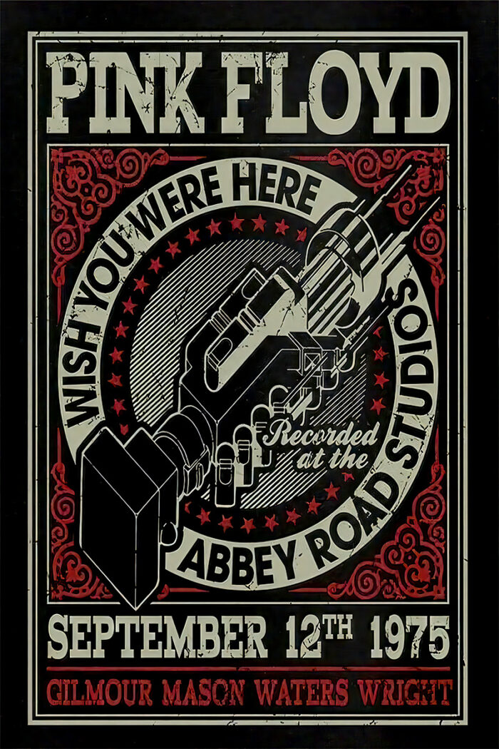 product-image Poster for Pink Floyd’s “Wish You Were Here” recorded at Abbey Road Studios, featuring a mechanical hand, the date September 12th, 1975, and band members’ names. Poster prints available in A1 to A4 sizes.