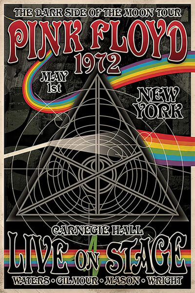 1972 Concert Poster for Pink Floyd’s The Dark Side of the Moon tour at Carnegie Hall, New York, featuring striking geometric art and vibrant rainbow colours. Poster prints available in A1 to A4 sizes.