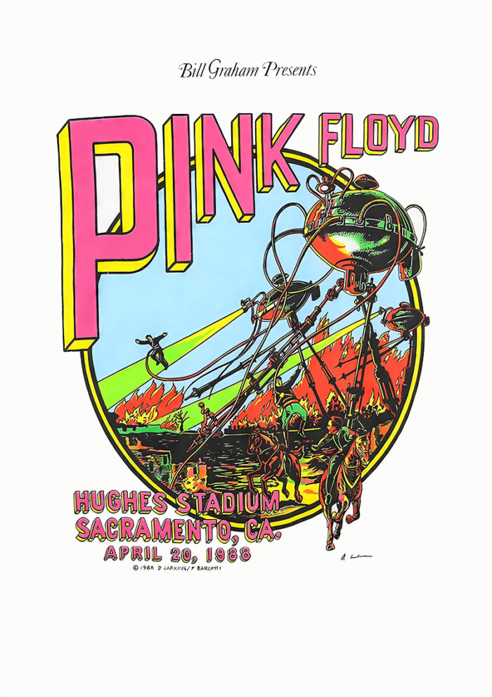 product-image 1988 Concert Poster for Pink Floyd at Hughes Stadium, Sacramento, CA, on April 20, 1988, featuring vibrant artwork of a futuristic scene with people and a large machine. Poster prints available in A1 to A4 sizes.