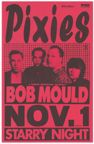 Striking red and black Pixies concert poster with Bob Mould as guest, showcasing a band photo and event details: November 1 at Starry Night, presented by Monqui. Poster prints available in A1 to A4 sizes.