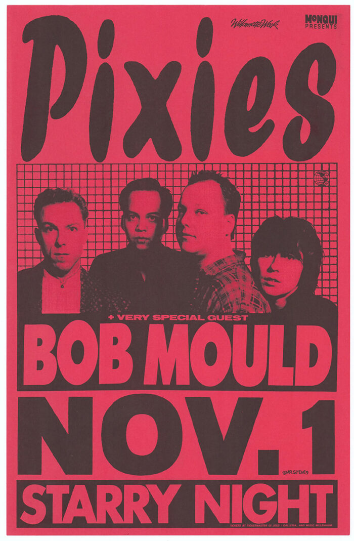 Striking red and black Pixies concert poster with Bob Mould as guest, showcasing a band photo and event details: November 1 at Starry Night, presented by Monqui. Poster prints available in A1 to A4 sizes.