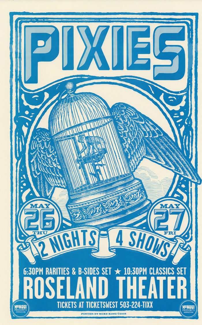 product-image Concert poster for Pixies shows at Roseland Theatre on May 26 and 27, featuring a winged birdcage design with event details in blue and white. Poster prints available in A1 to A4 sizes.
