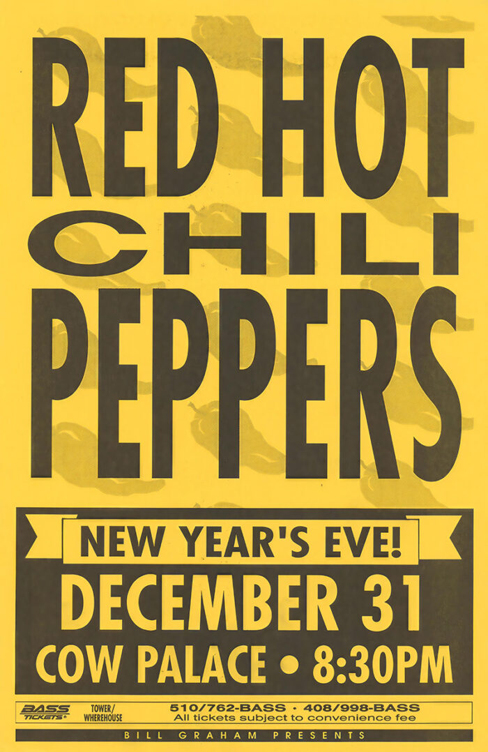 product-image Yellow Concert Poster with bold text announces Red Hot Chili Peppers New Years Eve concert at Cow Palace on December 31, 8:30 PM. Ticket information appears at the bottom. Poster prints available in A1 to A4 sizes.