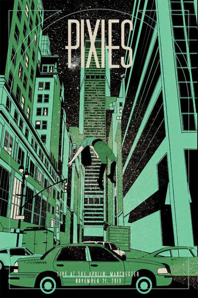 A person floats horizontally above city streets between tall buildings at night, with Pixies Concert Poster and Apollo Manchester details displayed at the top and bottom of the image. Poster prints available in A1 to A4 sizes.