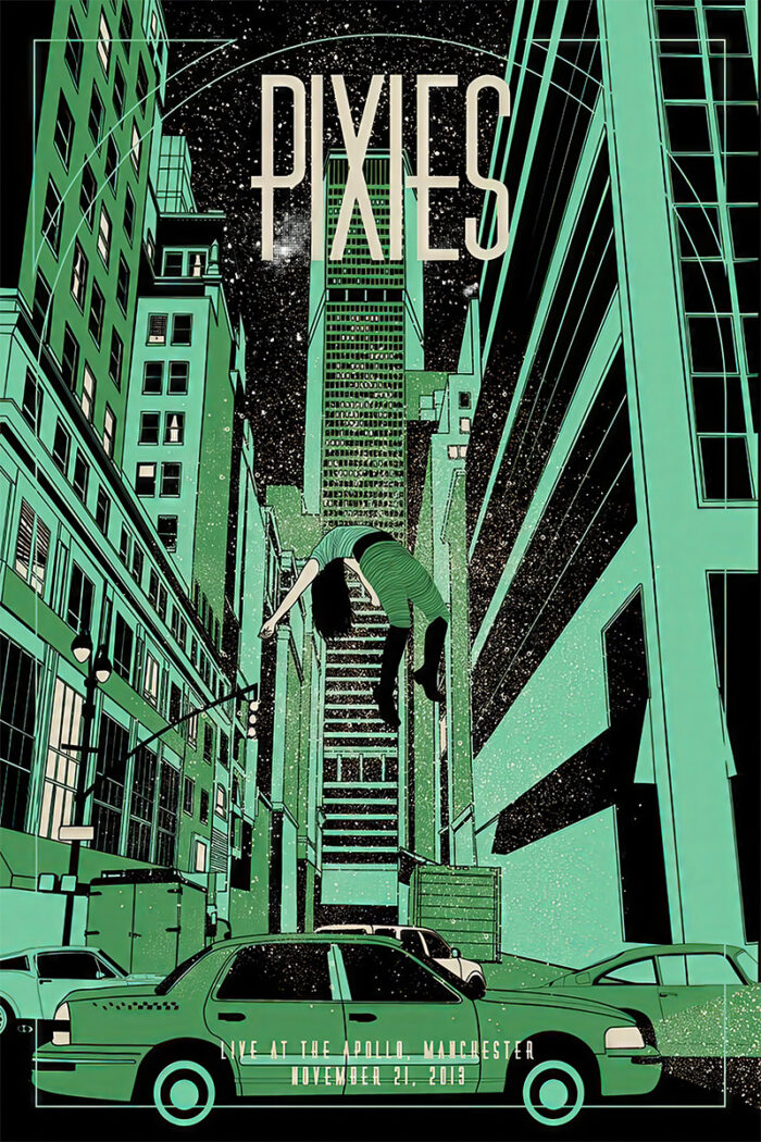 product-image A person floats horizontally above city streets between tall buildings at night, with Pixies Concert Poster and Apollo Manchester details displayed at the top and bottom of the image. Poster prints available in A1 to A4 sizes.