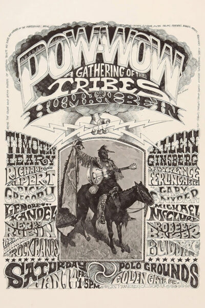 Black and white concert poster for the Pow-Wow Gathering of the Tribes event at Polo Grounds San Francisco, featuring a Native American on horseback alongside a list of performers and event details. Poster prints available in A1 to A4 sizes.