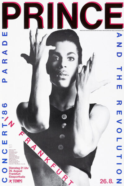 Black-and-white Frankfurt Concert Poster of Prince And The Revolution with bold red “PRINCE” at the top, promoting the Parade 1986 concert in Frankfurt, featuring event details and striking graphic text elements. Poster prints available in A1 to A4 sizes.