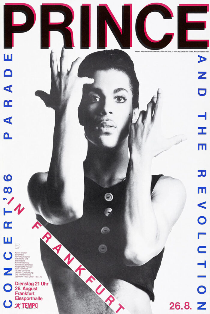 product-image Black-and-white Frankfurt Concert Poster of Prince And The Revolution with bold red “PRINCE” at the top, promoting the Parade 1986 concert in Frankfurt, featuring event details and striking graphic text elements. Poster prints available in A1 to A4 sizes.