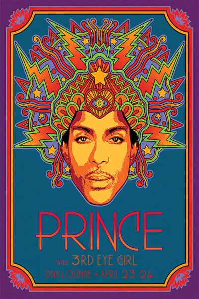 Psychedelic poster featuring an illustrated portrait of Prince with colourful, abstract patterns and bold text promoting a 3rd Eye Girl concert at DNA Lounge, April 23-24. Poster prints available in A1 to A4 sizes.