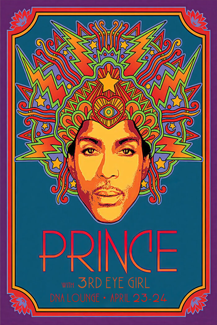 product-image Psychedelic poster featuring an illustrated portrait of Prince with colourful, abstract patterns and bold text promoting a 3rd Eye Girl concert at DNA Lounge, April 23-24. Poster prints available in A1 to A4 sizes.