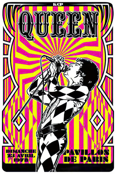 Psychedelic 1978 concert poster for Queen, featuring a singer in a harlequin outfit, vibrant geometric background, and event details in French for their iconic show at Pavillon de Paris. Poster prints available in A1 to A4 sizes.