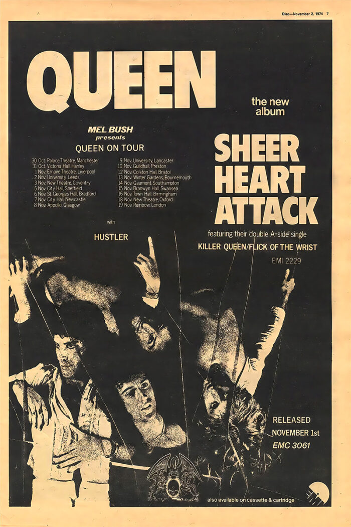 Black-and-white poster promoting Queen’s 1974 Sheer Heart Attack album and tour dates, featuring the band members’ photo and album release details. Poster prints available in A1 to A4 sizes.